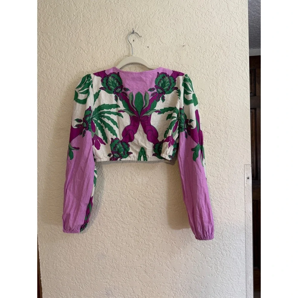 Caroline Constas Tropical Crop Top M Purple Green Floral Linen Blend Deep V-Neck